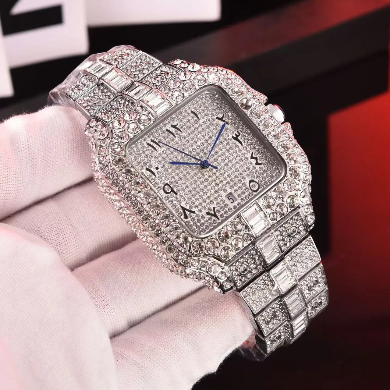 Moissanite Silver Arabic Numeral Blue Hand Cartier